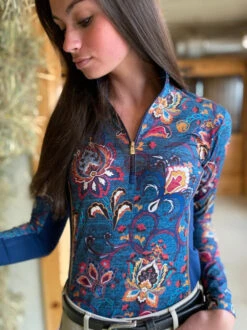 Arista Quarter Zip Shirt Prints -Horse Trail Haven Sales Store denim floral 1 4 zip ls navy detail 3012 arista 36074.1668889904