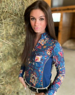 Arista Quarter Zip Shirt Prints -Horse Trail Haven Sales Store denim floral 1 4 zip ls navy side 3012 arista 26661.1668890275