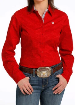 Cinch Performance Shirt No Pockets -Horse Trail Haven Sales Store subtle print ls red front MSW9165035 cinch 84687.1689018467